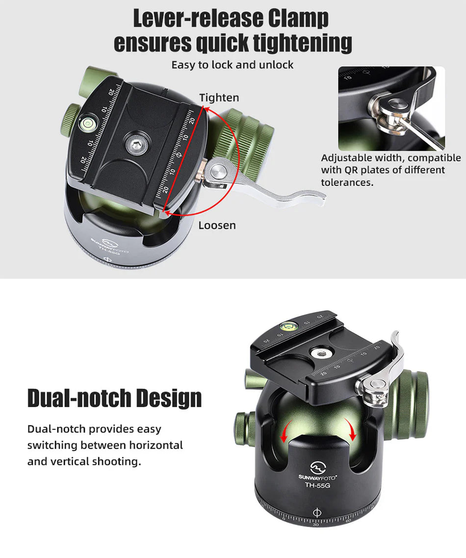 Fanaue ball head conversion kit with Sunwayfoto TH-55G with upgraded picatinny/arca compatible clamp and mlok 80 arca plate