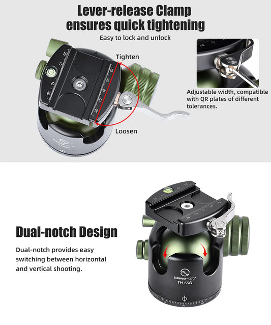 Fanaue ball head conversion kit with Sunwayfoto TH-55G with upgraded picatinny/arca compatible clamp and mlok 80 arca plate