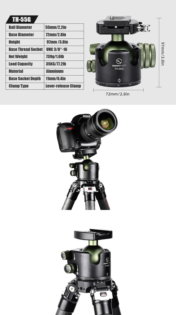 SUNWAYFOTO T4020CMLI Inverted Leg Tripod with TH-55G ball head with upgraded QD clamp